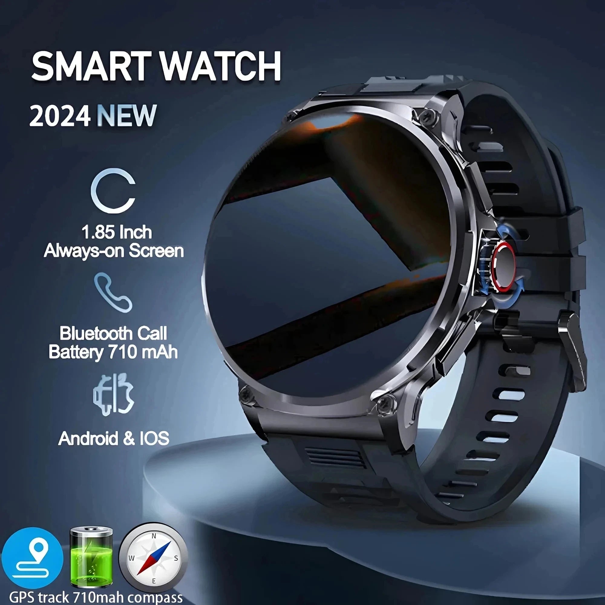 New 1.85-Inch Ultra AMOLED HD Smart Watch Outdoors GPS Track Bluetooth Call 710 Mah Large Battery Men Sports Fitness Smartwatch